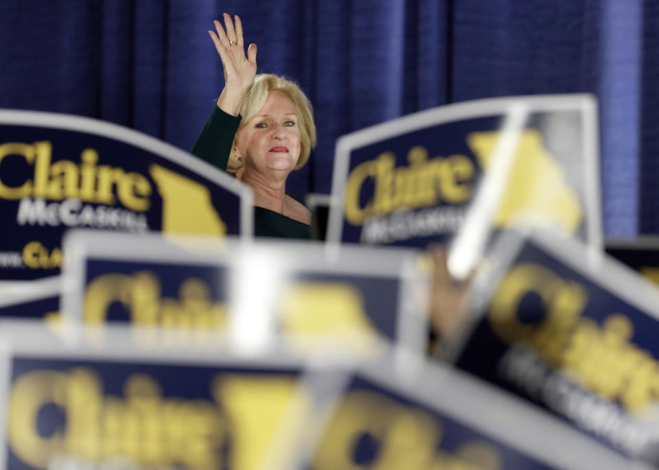 FILE - In this Tuesday, Nov. 6, 2012 file photo, Sen. Claire McCaskill, D-Mo., waves to the crowd as she walks on stage to declare victory over challenger Rep. Todd Akin, R-Mo., in the Missouri Senate race in St. Louis. McCaskill will be one of a record 20 women in the next Senate, 17 of them Democrats. Democrats and liberal advocacy groups have declared victory in what they called a Republican "war on women" and are celebrating the pivotal defeats of some GOP candidates who took rigid stands against abortion. (AP Photo/Jeff Roberson)