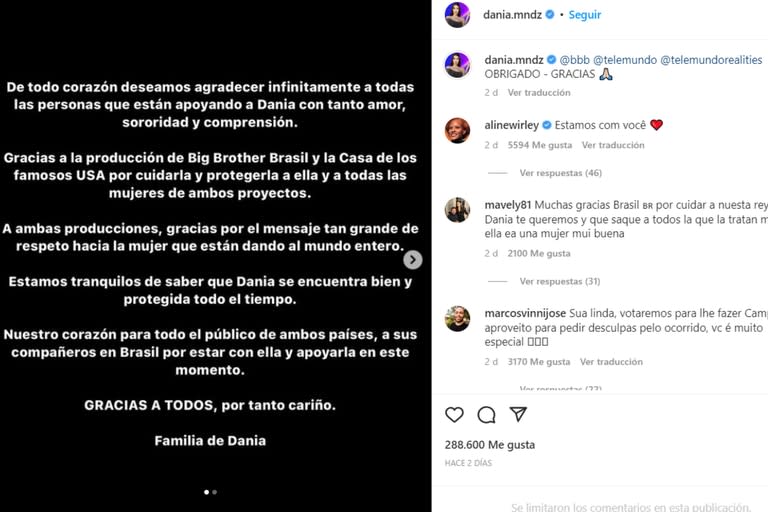 Dania Méndez compartió un mensaje de agradecimiento por el apoyo