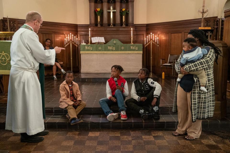 Pastor Todd Benson addresses the children of the congregation during worship at Bethlehem Lutheran Church.