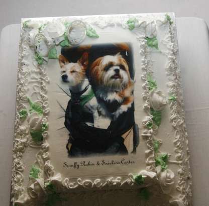 The wedding cake with a picture of married couple Scruffy and Snickers at their dog wedding at Palm Desert Resort Country Club Sunday April 22, 2012. <br> (Photo courtesy Wade Byars/The Desert Sun) <br> <br> (Originally reported in <a href="http://www.mydesert.com/article/20120423/NEWS01/204230322/Wedded-bliss-gone-dogs?odyssey=tab|topnews|text|Frontpage" rel="nofollow noopener" target="_blank" data-ylk="slk:The Desert Sun;elm:context_link;itc:0;sec:content-canvas" class="link ">The Desert Sun</a>)