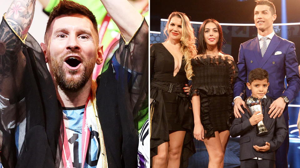 Cristiano Ronaldo and his sister, pictured here alongside Lionel Messi.