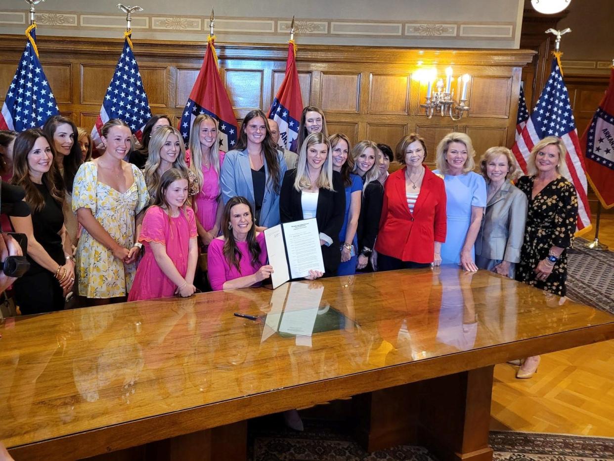 Arkansas Governor Sarah Huckabee Sanders signed an executive order objecting to new Title IX rules on May 2, 2024.