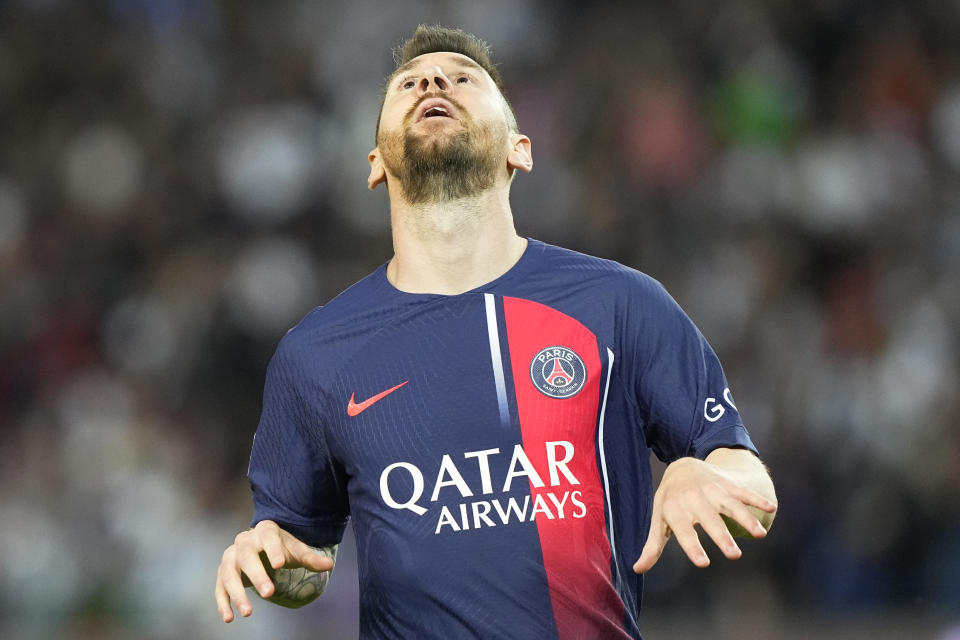 PSG's Lionel Messi reacts during the French League One soccer match between Paris Saint-Germain and Clermont at the Parc des Princes in Paris, France, Saturday, June 3, 2023. (AP Photo/Michel Euler)