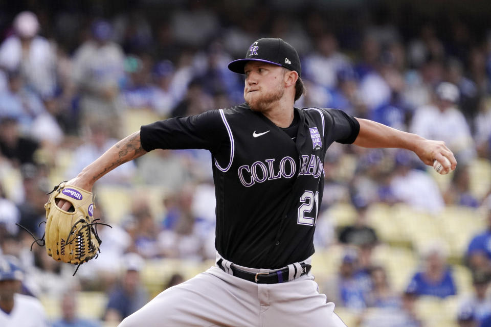 Colorado Rockies starting pitcher Kyle Freeland throws to the plate during the first inning of a baseball game against the Los Angeles Dodgers Saturday, July 24, 2021, in Los Angeles. (AP Photo/Mark J. Terrill)