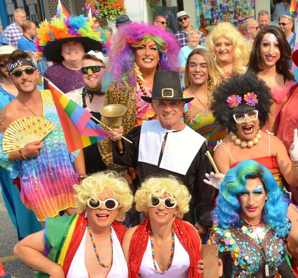 A group of revelers gather for a past Provincetown Pride celebration.