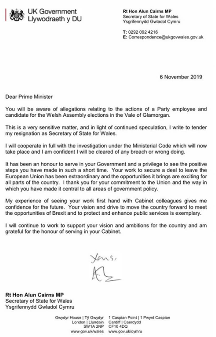 Mr Cairns' resignation letter