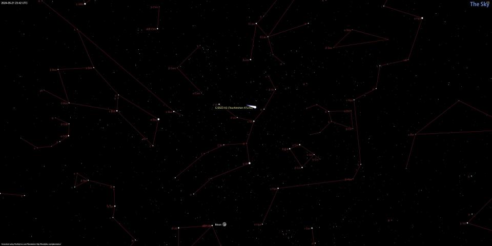 An illustration of the night sky on May 21, 2024 showing the position of comet C/2023 A3 (Tsunchinshan-ATLAS) in the Virgo constellation.