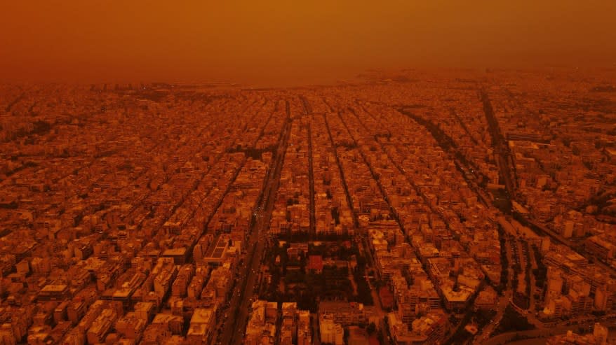 A dust cloud from the Sahara Desert in Africa covers the Acropolis on April 23, 2024 in Athens, Greece.