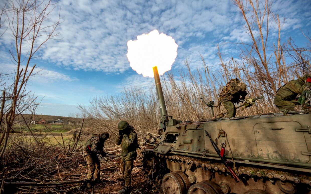 Forces of the self-proclaimed Donetsk People's Republic fire a self-propelled mortar 2S4 'Tulip' not far from Bakhmut, Donetsk region, Ukraine - ALESSANDRO GUERRA