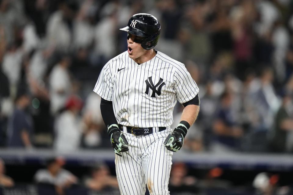 New York Yankees' Harrison Bader celebrates after hitting a three-run home run during the eighth inning of a baseball game against the Baltimore Orioles Monday, July 3, 2023, in New York. (AP Photo/Frank Franklin II)