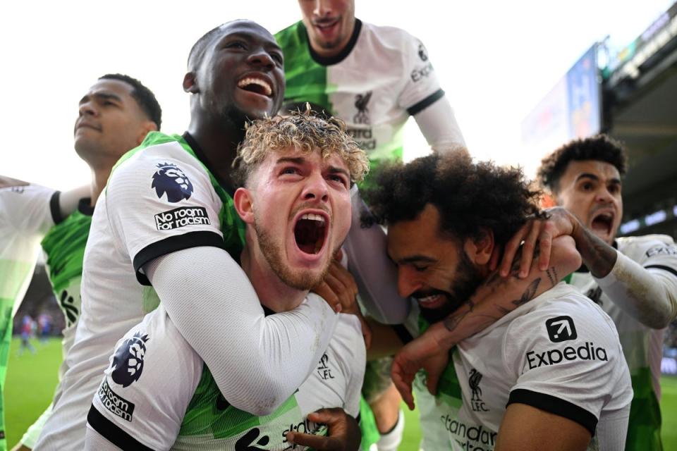 Late winner: Harvey Elliott struck the decisive goal in stoppage time for Liverpool against Crystal Palace (Getty Images)