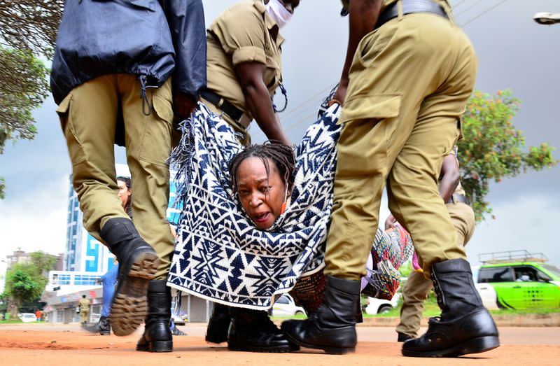 Ugandan police detain academic Stella Nyanzi protesting against the way that government distributes the relief food and the lockdown situation to control the spread of the coronavirus disease (COVID-19) outbreak in Kampala