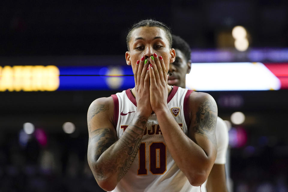 Southern California forward DJ Rodman reacts during the second half of the team's NCAA college basketball game against UC Irvine, Tuesday, Nov. 14, 2023, in Los Angeles. (AP Photo/Ryan Sun)