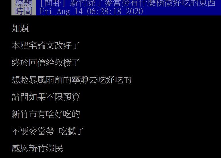 網友問，新竹有什麼好吃的東西？（圖／翻攝自PTT）