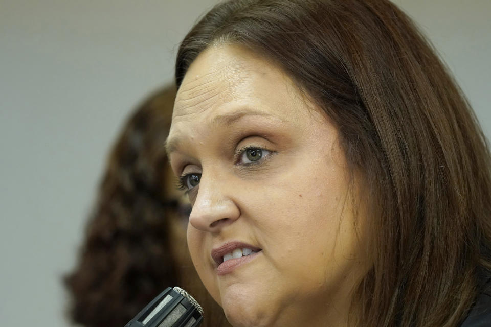 Greta Kemp Martin, the Democratic nominee for Mississippi attorney general, discusses her proposal to create a fair labor division as part of the attorney general's office during a Thursday, Aug. 31, 2023, news conference in Jackson, Miss. (AP Photo/Rogelio V. Solis)