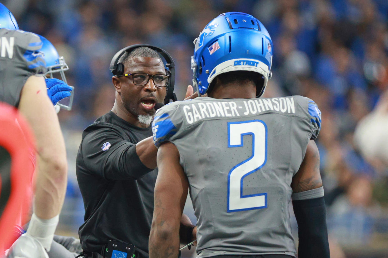 Detroit Lions defencive coordinator Aaron Glenn talks to safety C.J. Gardner-Johnson (2) during the second half of an NFL football game between the Minnesota Vikings and the Detroit Lions in Detroit, Michigan USA, on Sunday, January 7, 2024. (Photo by Jorge Lemus/NurPhoto via Getty Images)