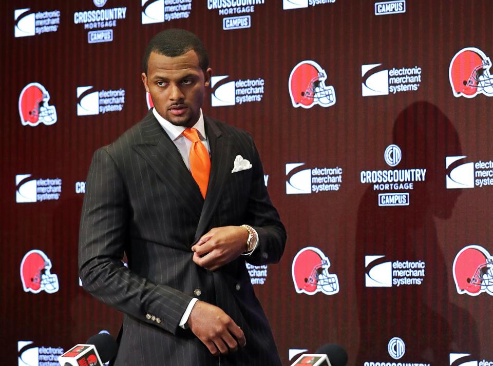 Cleveland Browns quarterback Deshaun Watson arrives for his introductory press conference at the Cleveland Browns Training Facility in Berea.