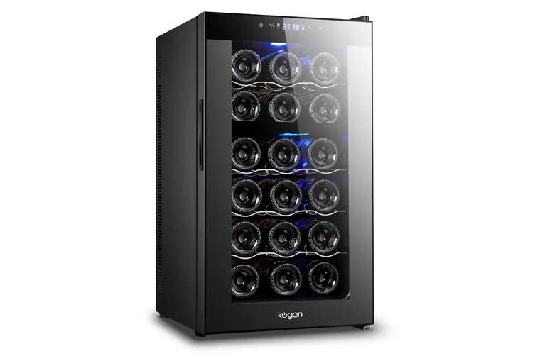 A black Kogan 18 Bottle Thermoelectric Wine Cooler shown filled with six rows of three bottles of wine.