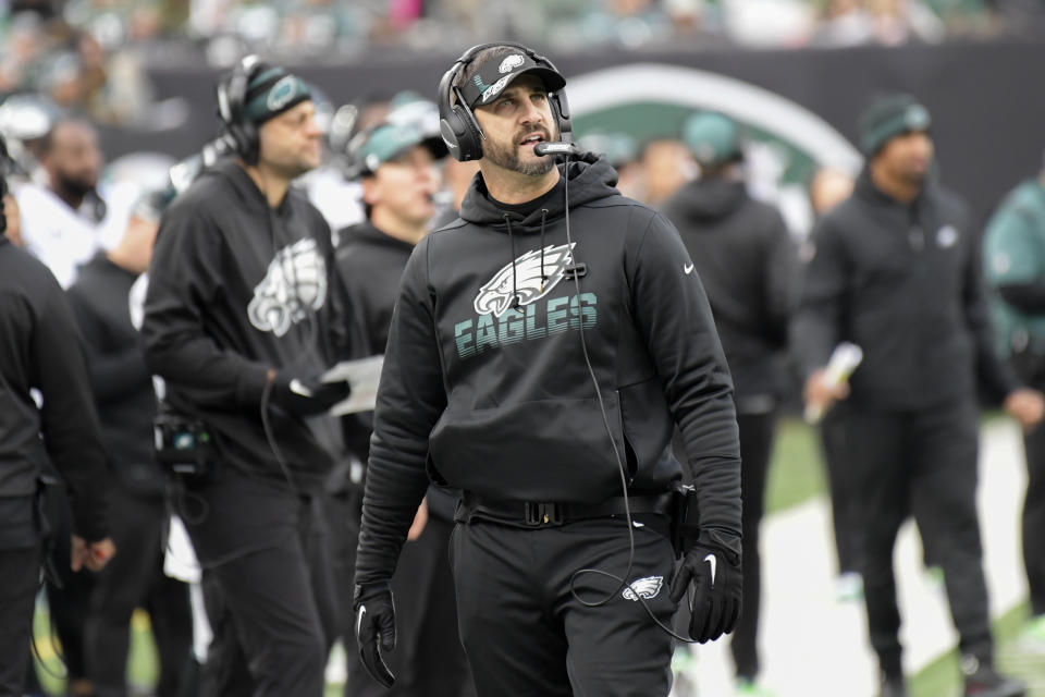 Philadelphia Eagles head coach Nick Sirianni reacts to a referee call during the first half of an NFL football game against the New York Jets, Sunday, Dec. 5, 2021, in East Rutherford, N.J. (AP Photo/Bill Kostroun)