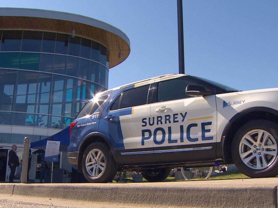 A mockup of a Surrey Police Service vehicle pictured in 2019. Surrey's new police department has been hiring for many months, but has yet to deploy officers on the ground.  (CBC - image credit)