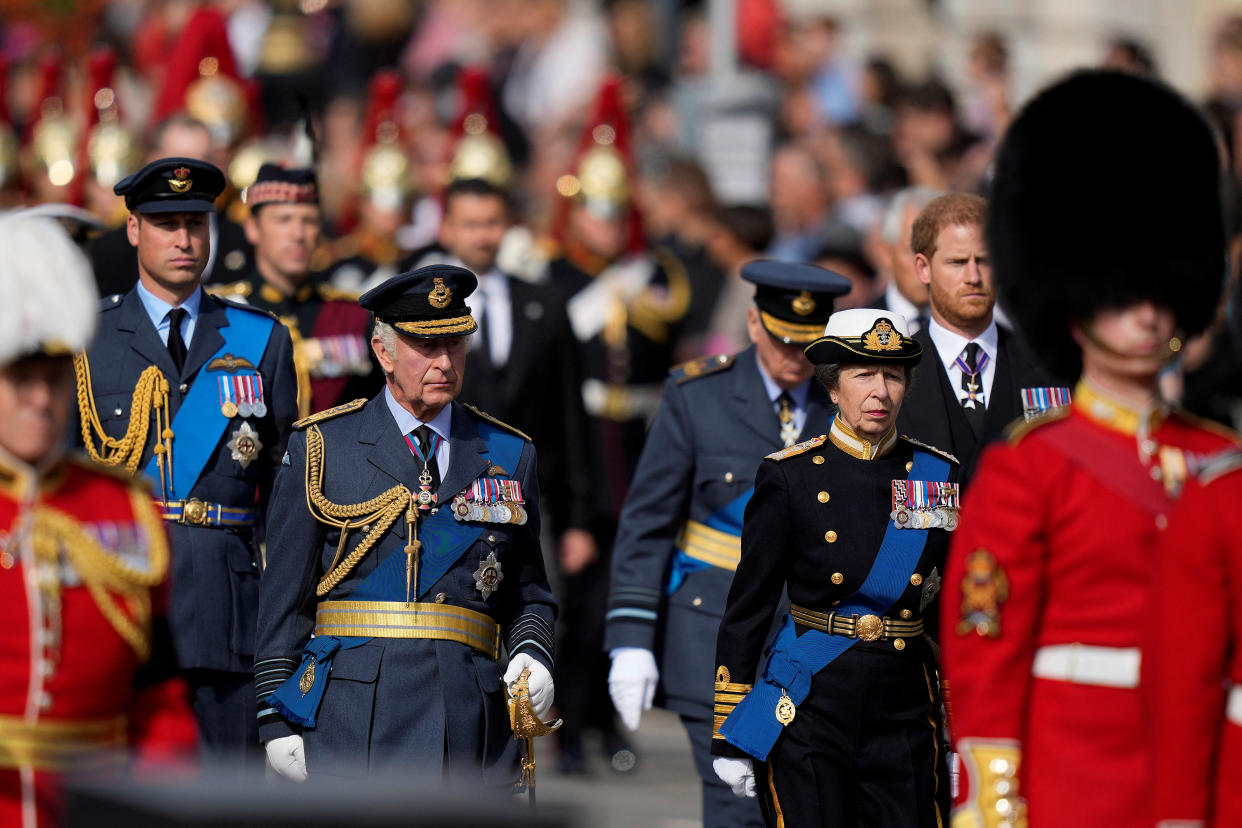 King Charles III,  Princess Anne, Prince Harry, and Prince William, follow the coffin of Queen Elizabeth II during a procession from Buckingham Palace to Westminster Hall in London, Wednesday, Sept. 14, 2022.  Frank Augstein/Pool via REUTERS