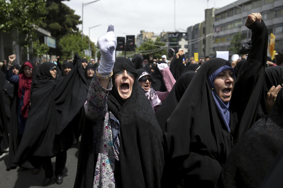 Worshippers chant slogans against the United States and Israel during a rally after Friday prayers in Tehran, Iran, Friday, May 10, 2019. A top commander in Iran's powerful Revolutionary Guard said Friday that Tehran will not talk with the United States, an Iranian news agency reported — a day after President Donald Trump said he'd like Iranian leaders to "call me." (AP Photo/Ebrahim Noroozi)
