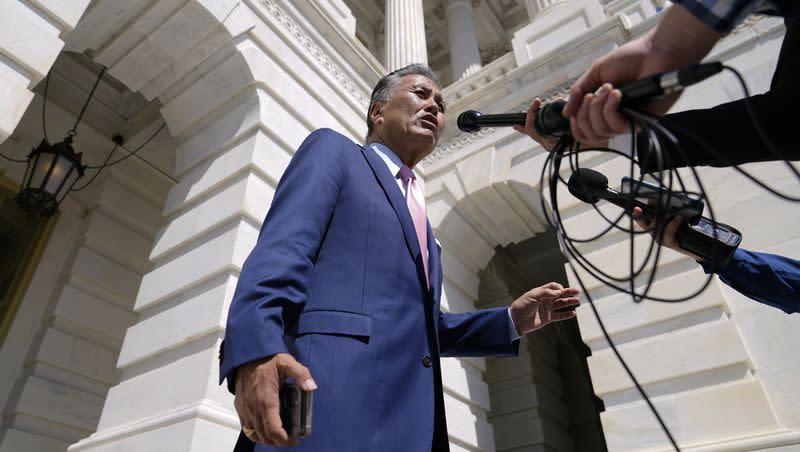 Rep. Mark Takano, D-Calif., speaks with reporters after attending a Congressional Progressive Caucus news conference as the House meets to consider the Inflation Reduction Act, Friday, Aug. 12, 2022, on Capitol Hill in Washington. Rep. Takano introduced the Thirty-Two Hour Workweek Act to congress early in March 2023.