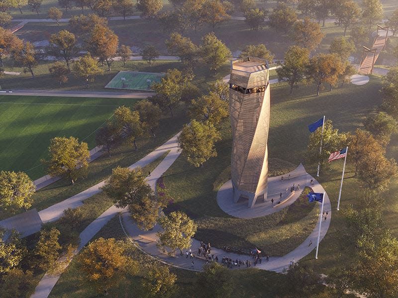 A rendering of the Honor Tower in Unity Park, which would be roughly 125 feet tall and in the middle of a plaza honoring first responders. Greenville City Council has proposed using tourism money to pay for the tower, along with private donations.