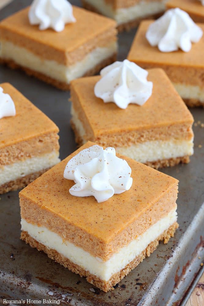 <p>This easy-to-grab treat is perfect for serving a large crowd at Thanksgiving.</p><p><strong>Get the recipe at <a href="http://roxanashomebaking.com/pumpkin-cheesecake-bars-recipe/" rel="nofollow noopener" target="_blank" data-ylk="slk:Roxana's Home Baking;elm:context_link;itc:0;sec:content-canvas" class="link ">Roxana's Home Baking</a>.</strong> </p>