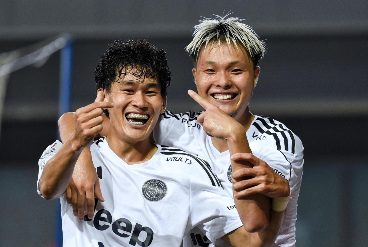 Balestier Khalsa's Daniel Goh (left) and Ryoya Taniguchi celebrate their second goal against Tampines Rovers in their Singapore Premier League match. (PHOTO: SPL/Facebook)