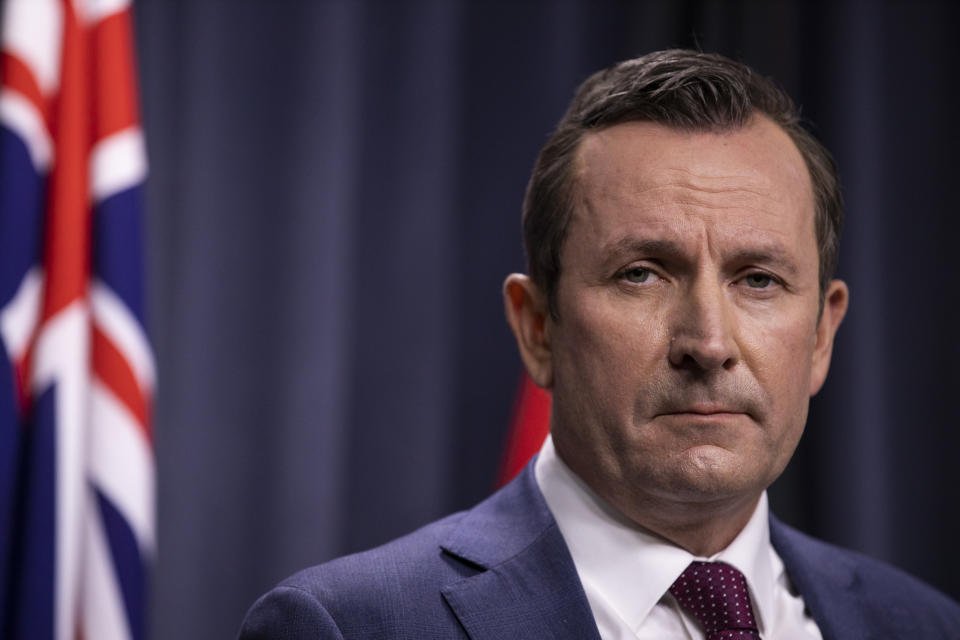 Western Australian Premier Mark McGowan speaks to the media during a press conference at Dumas House in Perth.