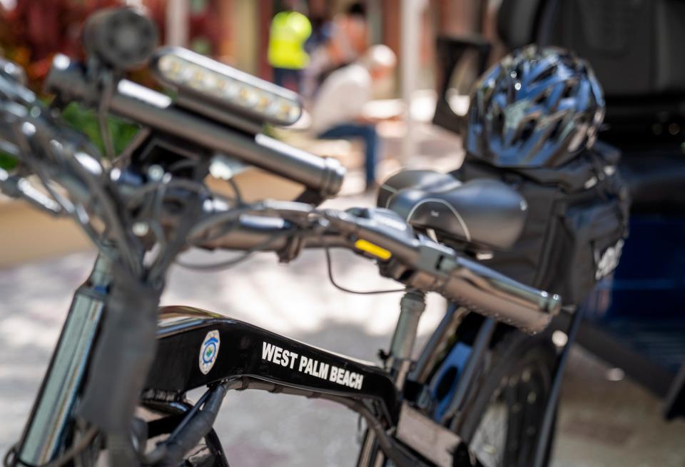 A new electric bike outside city hall in West Palm Beach, Florida on May 2, 2023. The West Palm Beach Downtown Development Authority purchased electric carts and bicycles for police to use for patrols of downtown. 