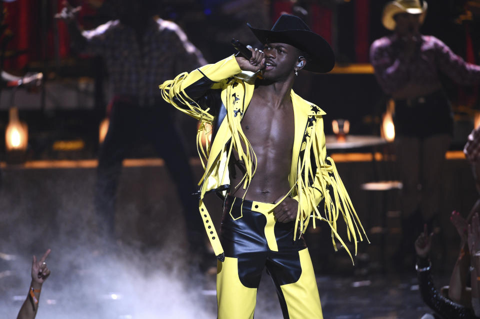 Lil Nas X performs "Old Town Road" at the BET Awards on Sunday, June 23, 2019, at the Microsoft Theater in Los Angeles. (Photo by Chris Pizzello/Invision/AP)