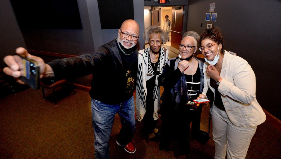 Tracey Meares, right, the subject of the documentary "No Title for Tracey" poses with old friends, left to right, Tony Thompson, Martha Harris, and Janice Thompson who besides being an old friend babysat for Meares when she was little, before the showing of the documentary at the Hoogland Center for the Arts Saturday April 16, 2022. [Thomas J. Turney/ The State Journal-Register].  