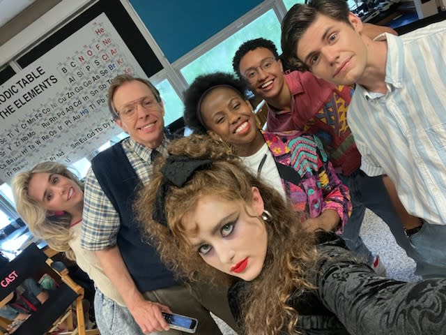 Partlow (second from left) in a behind-the scenes “Lisa Frankenstein” selfie with the film star, Kathryn Newton (center).