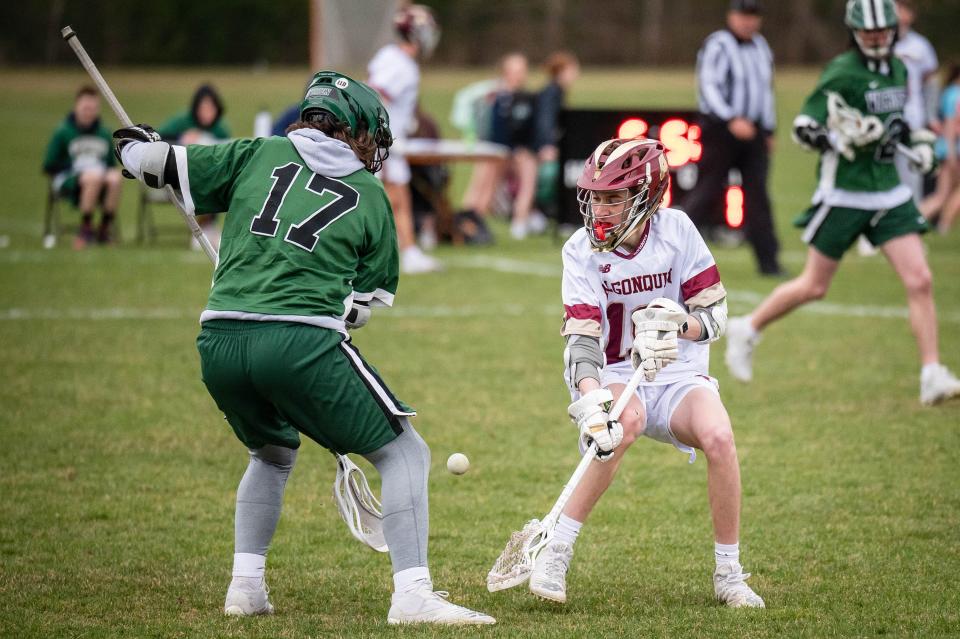 Wachusettl's Connor O'Brien and Algonquin's Ben Yosca fight for possession.