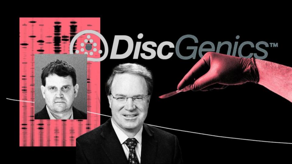 <div class="inline-image__caption"> <p>DiscGenics was founded around 2007 by disgraced Texas neurosurgeon Christopher Duntsch, left, nicknamed Dr. Death for paralyzing and killing patients. Dr. Kevin Foley, right, who currently serves as chief medical officer, was Duntsch’s supervisor.</p> </div> <div class="inline-image__credit"> Photo Illustration by Luis G. Rendon/The Daily Beast/Getty/Courtesy of Lara Silverman </div>