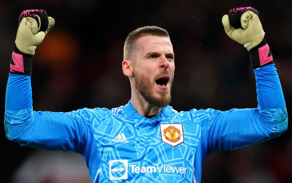 David De Gea of Manchester United celebrates their side's second goal scored by Alejandro Garnacho (not pictured) during the Emirates FA Cup Fifth Round match between Manchester United and West Ham United at Old Trafford on March 01, 2023 in Manchester, England