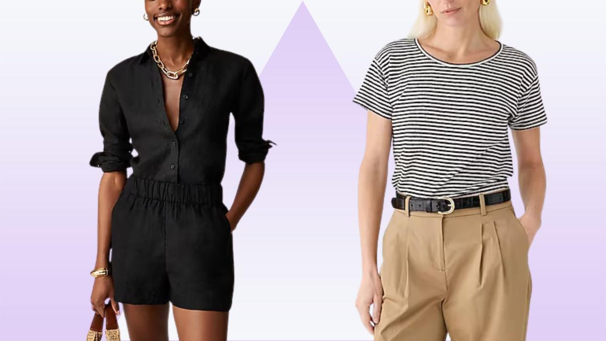 Model wearing black blouse and black shorts next to model wearing a striped t-shirt and khaki pants on a purple background. 