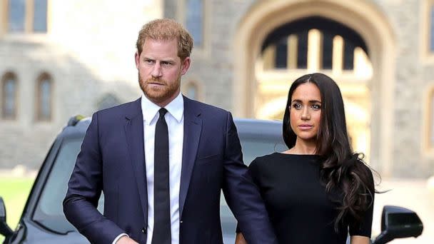 PHOTO: Prince Harry, Duke of Sussex, and Meghan, Duchess of Sussex on the long Walk at Windsor Castle arrive to view flowers and tributes to HM Queen Elizabeth, Sept. 10, 2022 in Windsor, England.  (Chris Jackson/Getty Images)