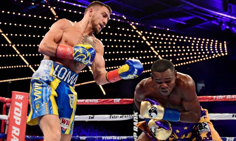 Vasyl Lomachenko catches Guillermo Rigondeaux during their junior lightweight bout at Madison Square Garden last Saturday night.