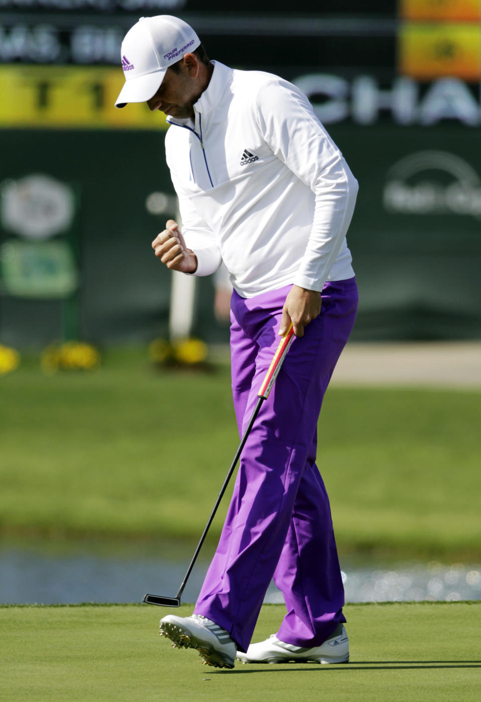 Sergio Garcia reacts after making par on the 18th hole during the second round of the Houston Open golf tournament, Friday, April 4, 2014, in Humble, Texas. (AP Photo/Patric Schneider)