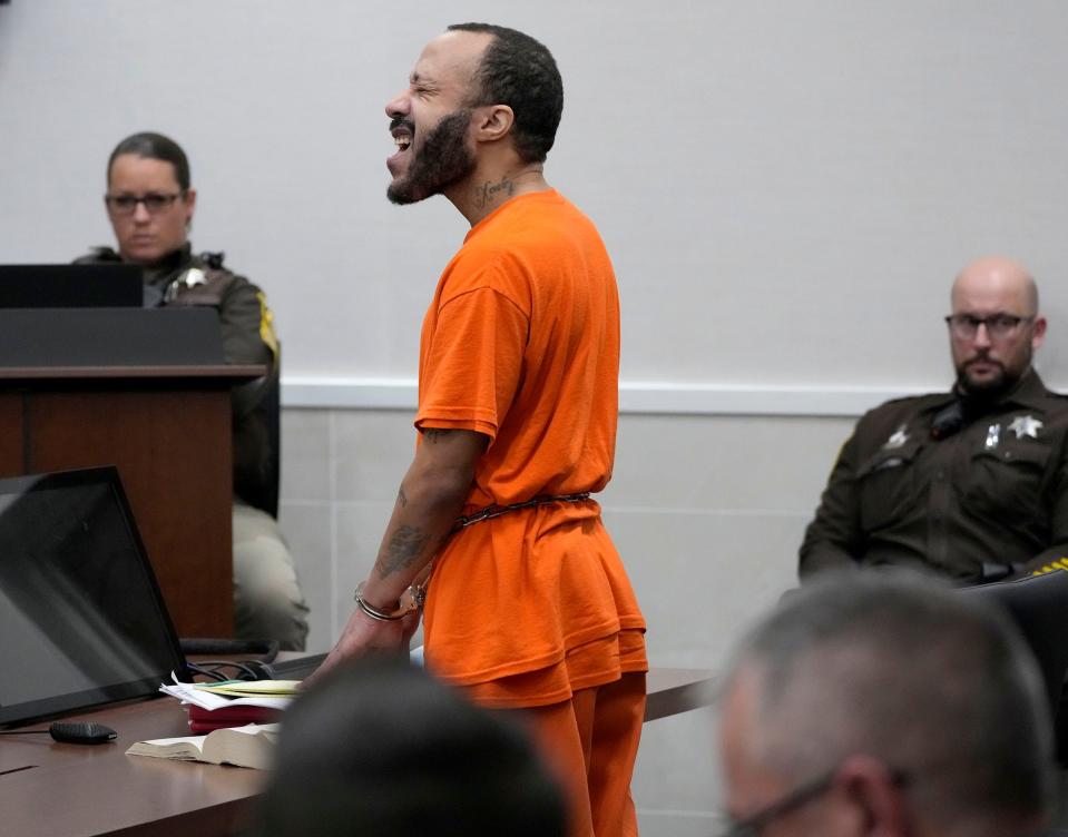 Darrell Brooks makes comments regarding Waukesha County district attorney Susan Opper as he gives his closing remarks during his sentencing in a Waukesha County Circuit Court in Waukesha November 16, 2022. Dozens of people spoke at the sentencing proceedings for Brooks, who is convicted of killing six people and injuring dozens more when he drove his SUV through a Christmas parade in Waukesha in2021.