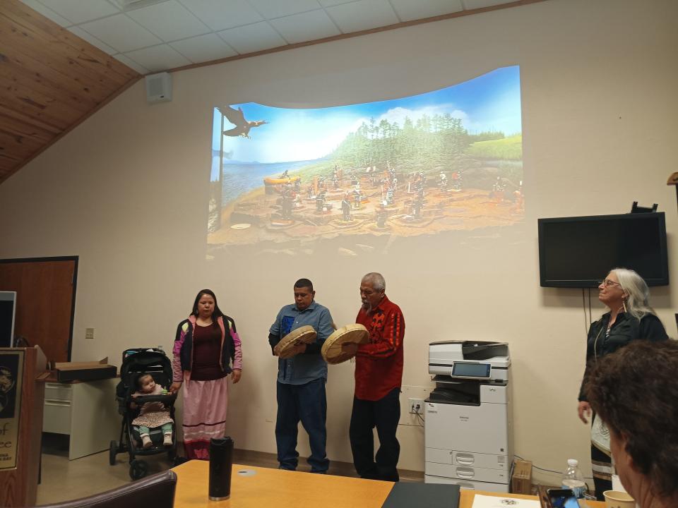 The Wolf River Singers performed a ceremonial song at the launch event for the new Menominee Clans website at the College of Menominee Nation in Keshena.