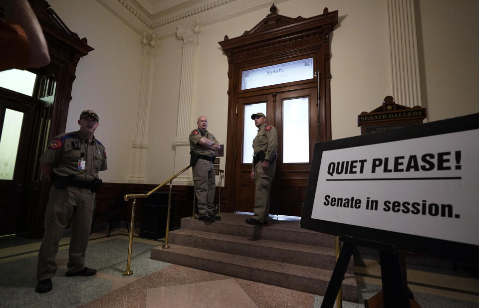 The Senate Chamber is secured as deliberations begin in the impeachment trial for suspended Texas Attorney General Ken Paxton at the Texas Capitol, Friday, Sept. 15, 2023, in Austin, Texas. (AP Photo/Eric Gay)