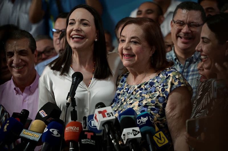 FILE PHOTO: Venezuelan opposition leader Maria Corina Machado addresses the media in Caracas