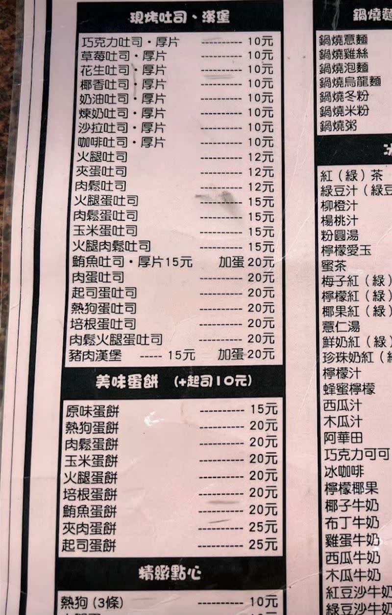 鄉民分享一間早餐店價目表，果醬吐司只要10元。（圖／翻攝自PTT）