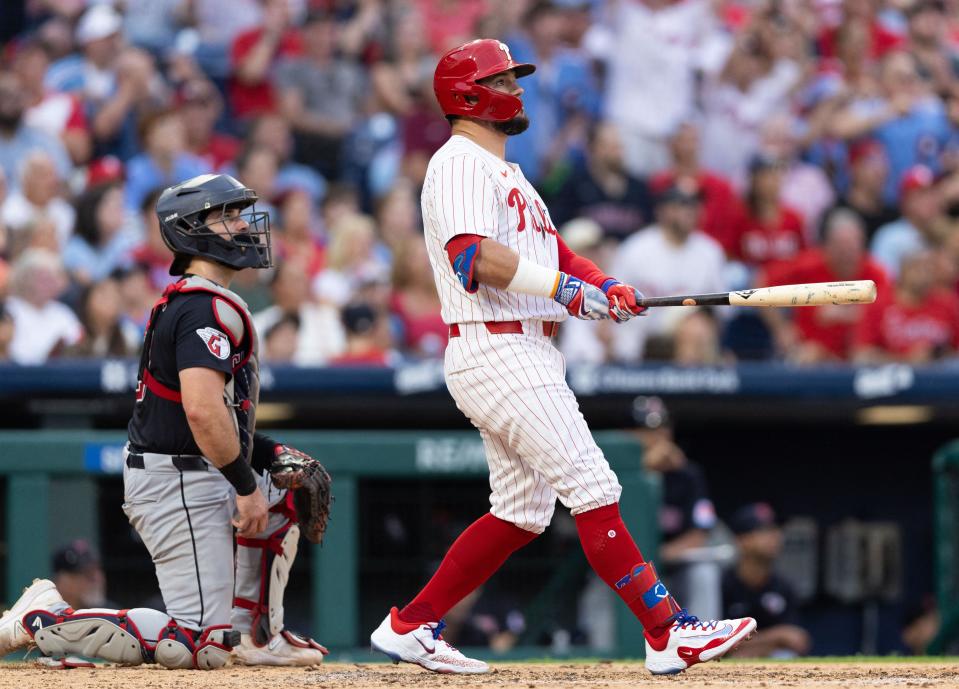 Phillies DH Kyle Schwarber hits a two-run home run during the fourth inning against the Guardians at Citizens Bank Park, July 27, 2024, in Philadelphia.