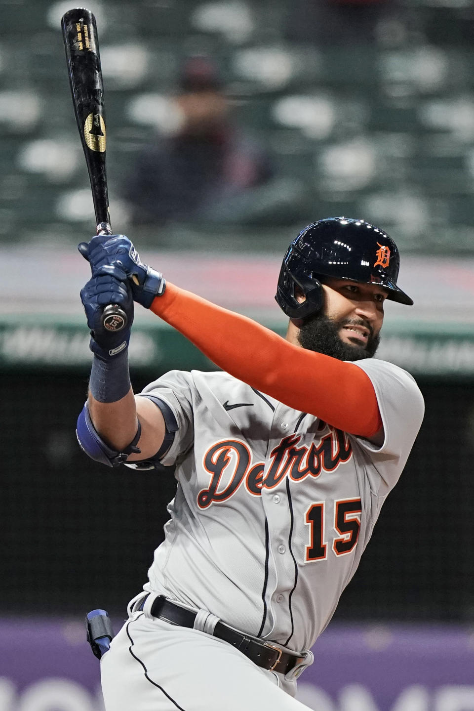 Detroit Tigers' Nomar Mazara strikes out swinging in the ninth inning of the team's baseball game against the Cleveland Indians, Friday, April 9, 2021, in Cleveland. The Indians won 4-1. (AP Photo/Tony Dejak)