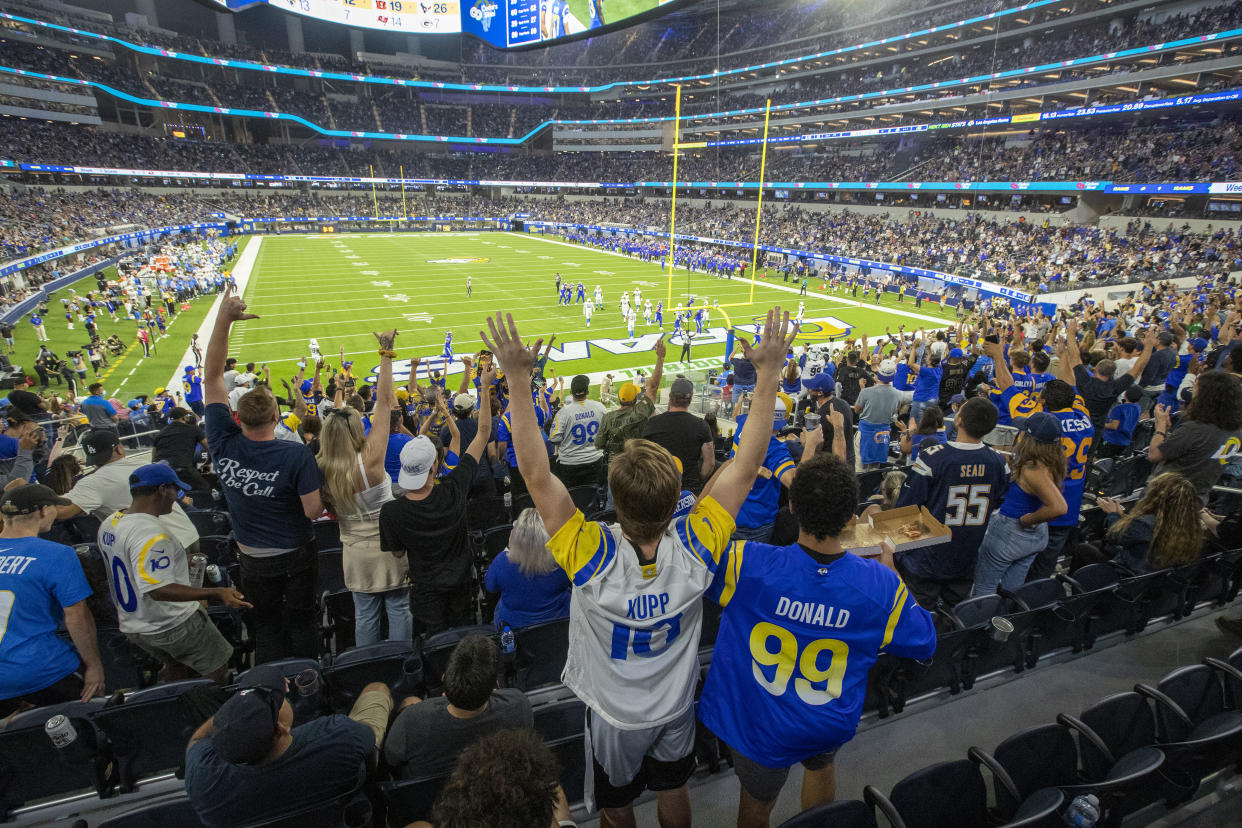 Fans cheering at Rams game.